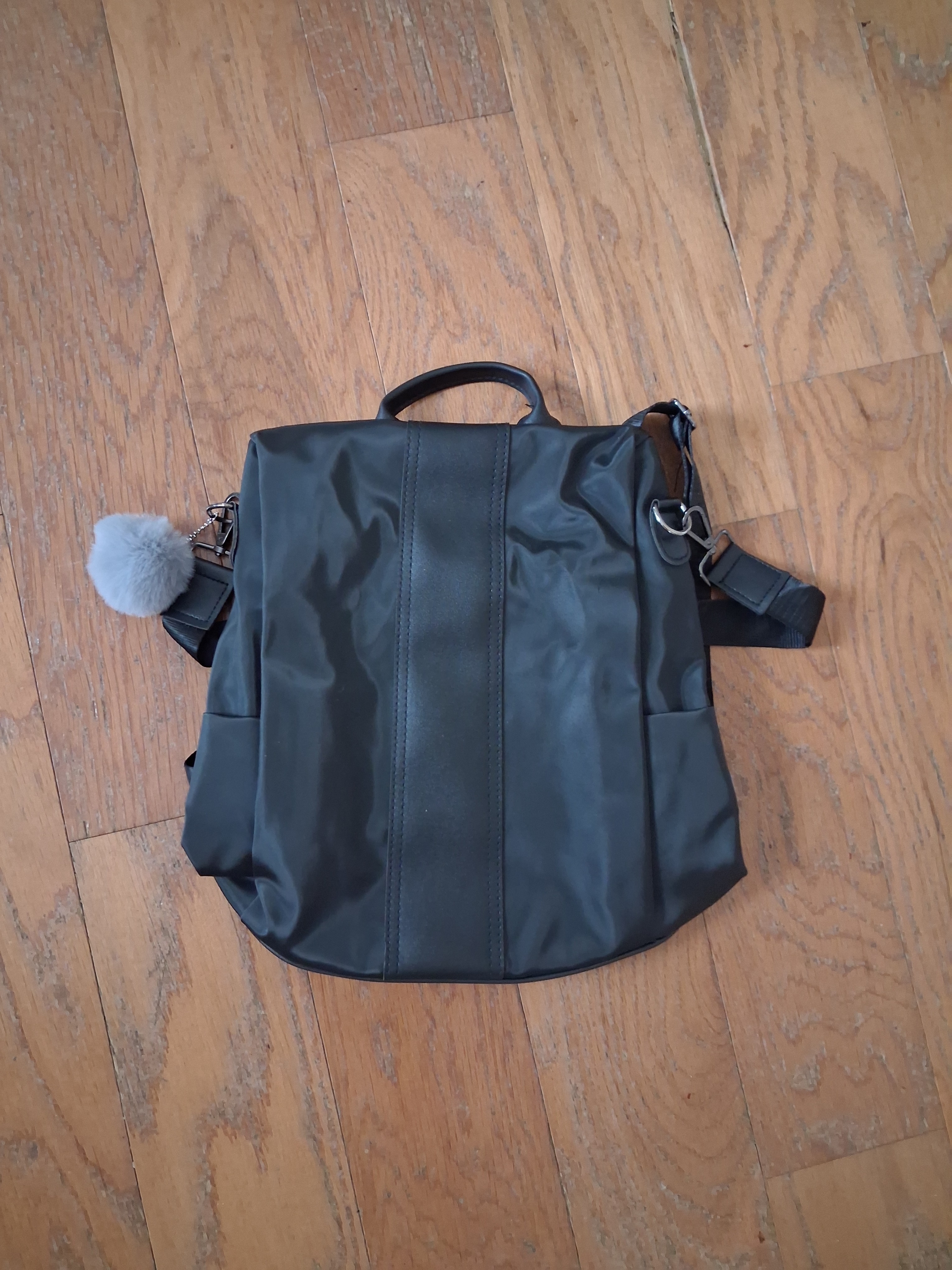 Sleek Black Waterproof Nylon Backpack Purse With Pom Charm